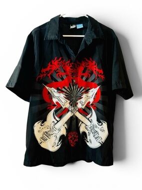 Phy. Sci. Short Sleeve Y2K Rock & Roll Button‎ up Shirt Dragon Guitar Skull Sz L